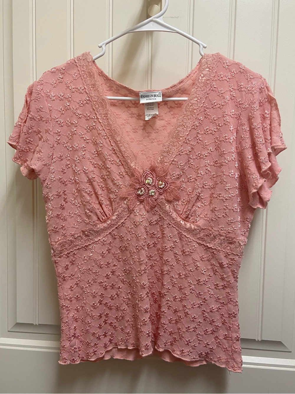 Fashion Bug Y2K Fairycore Pink Lace Top with Flutter Sleeves